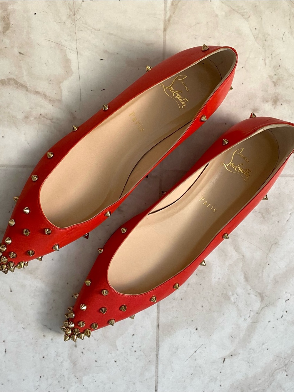 Christian Louboutin Degraspike Red Leather Gold Spikes Pointed Toe Flats Sz 8/38
